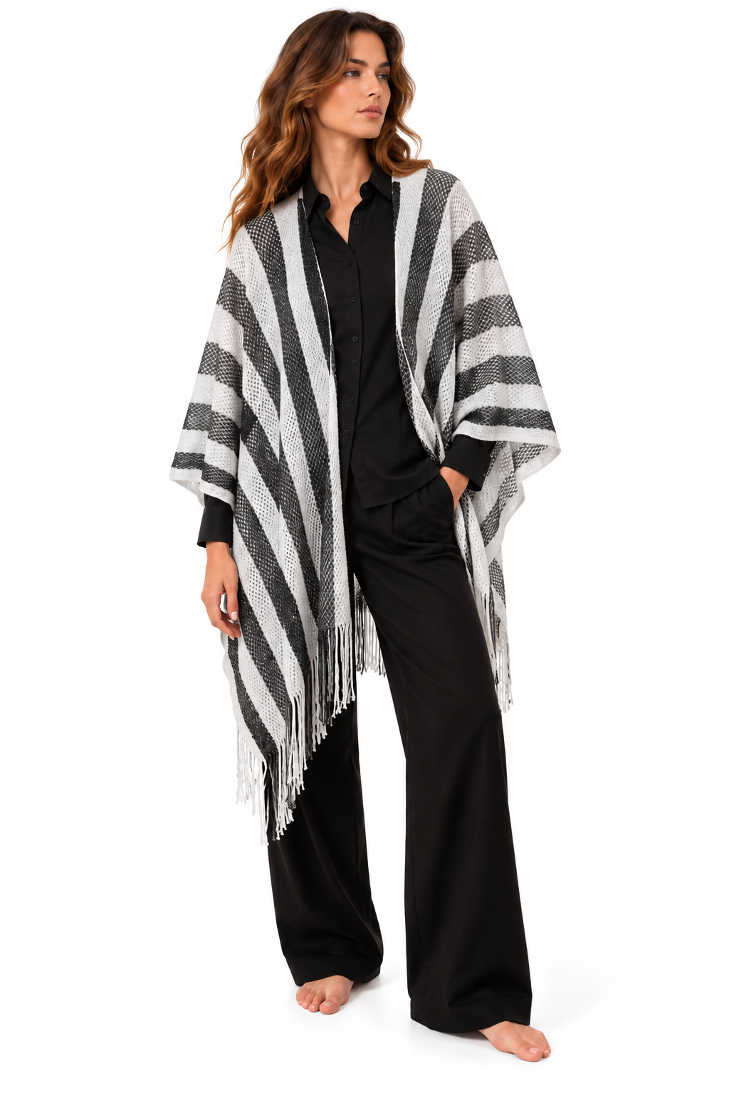 LIU JO PONCHO RETE RIGHE BIANCO NERO