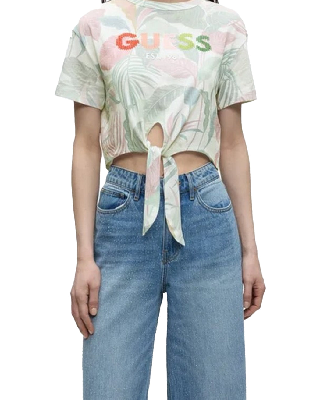 GUESS SS CN GUESS SCRIPT CROP TEE CHOCO JUNGLE PRINT S
