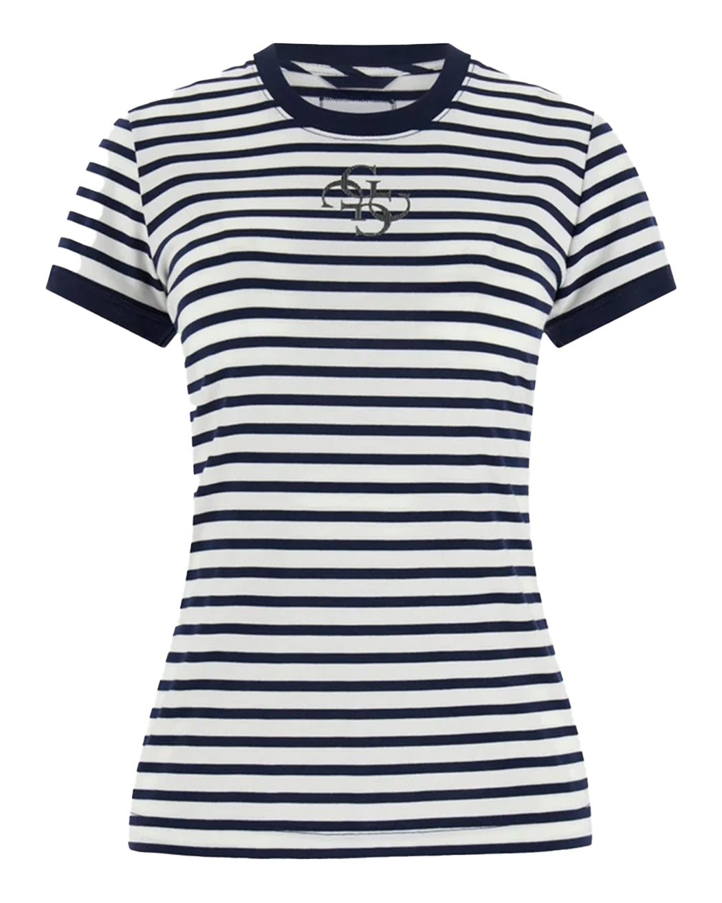 GUESS SS CN STRIPED MINI 4G LOGO TEE BLACKENED BLUE AND W