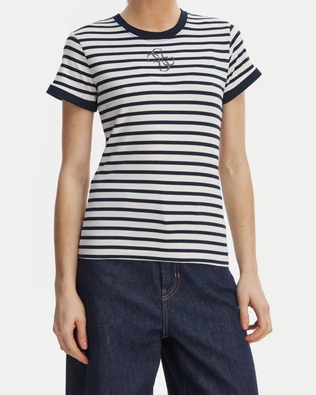 GUESS SS CN STRIPED MINI 4G LOGO TEE BLACKENED BLUE AND W