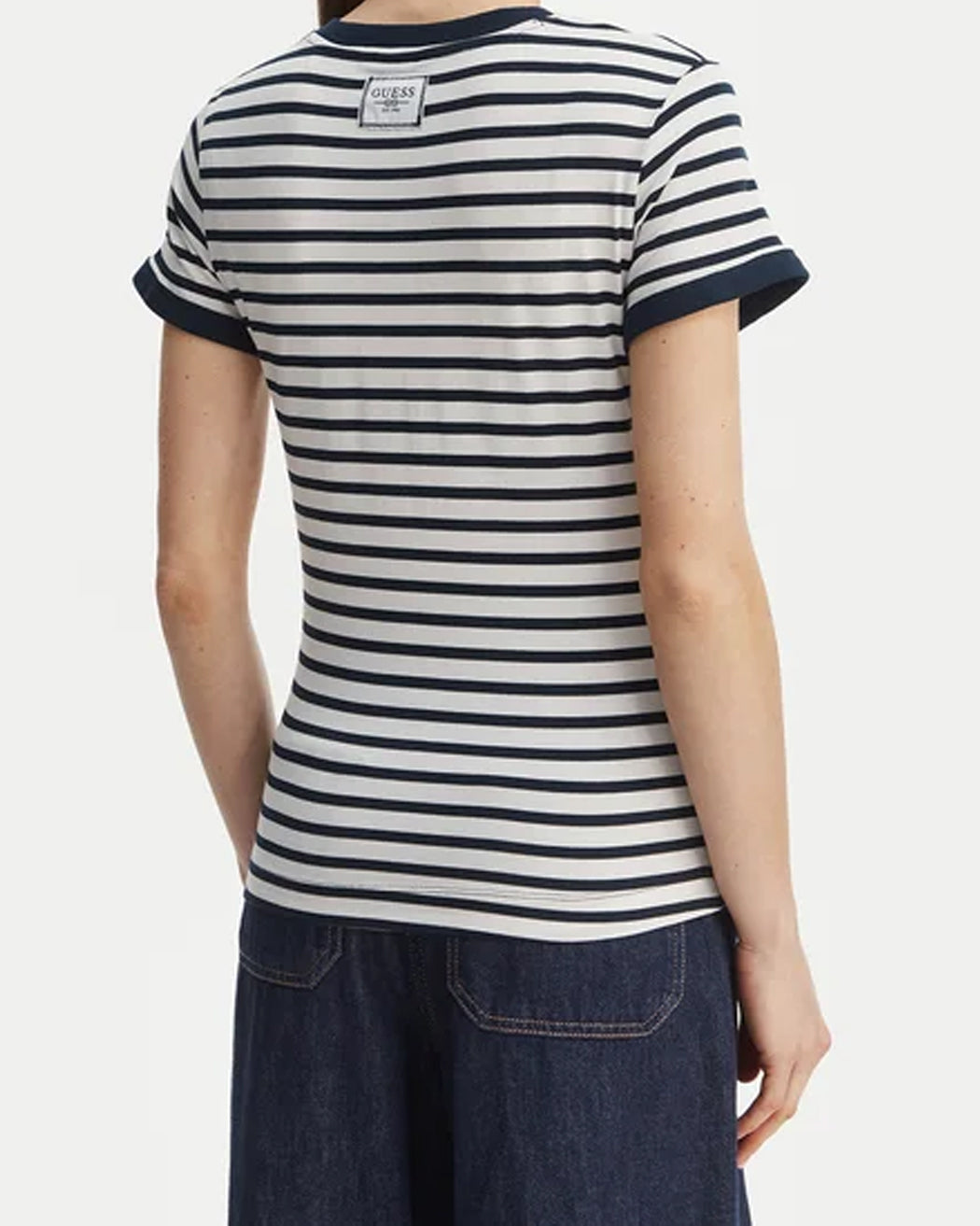 GUESS SS CN STRIPED MINI 4G LOGO TEE BLACKENED BLUE AND W
