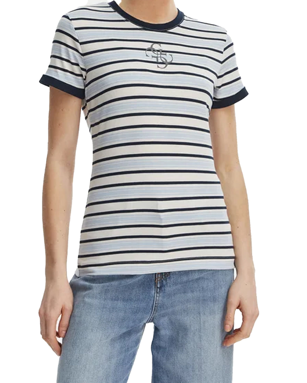 GUESS SS CN STRIPED MINI 4G LOGO TEE CREAM WHITE AND SHAD