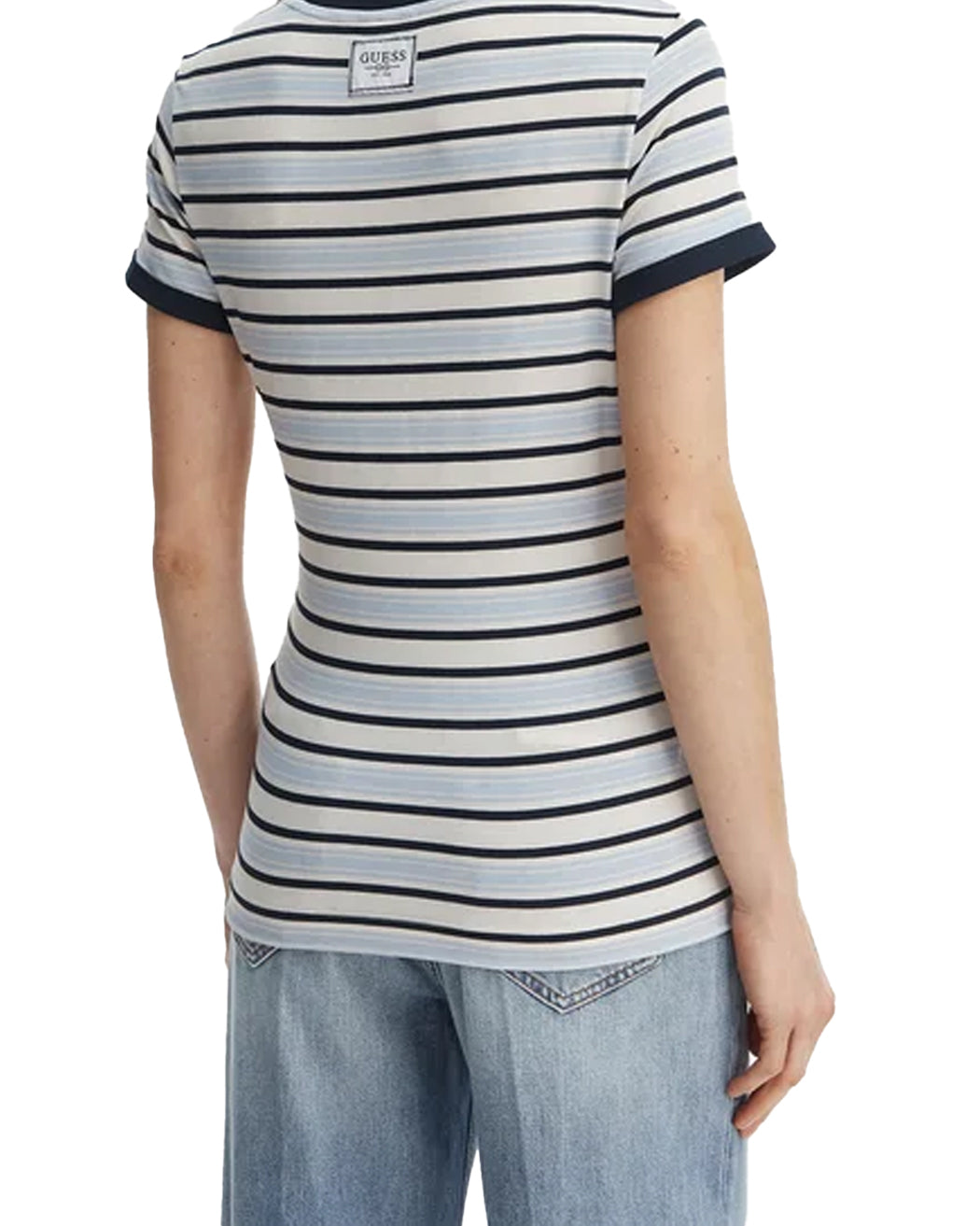 GUESS SS CN STRIPED MINI 4G LOGO TEE CREAM WHITE AND SHAD