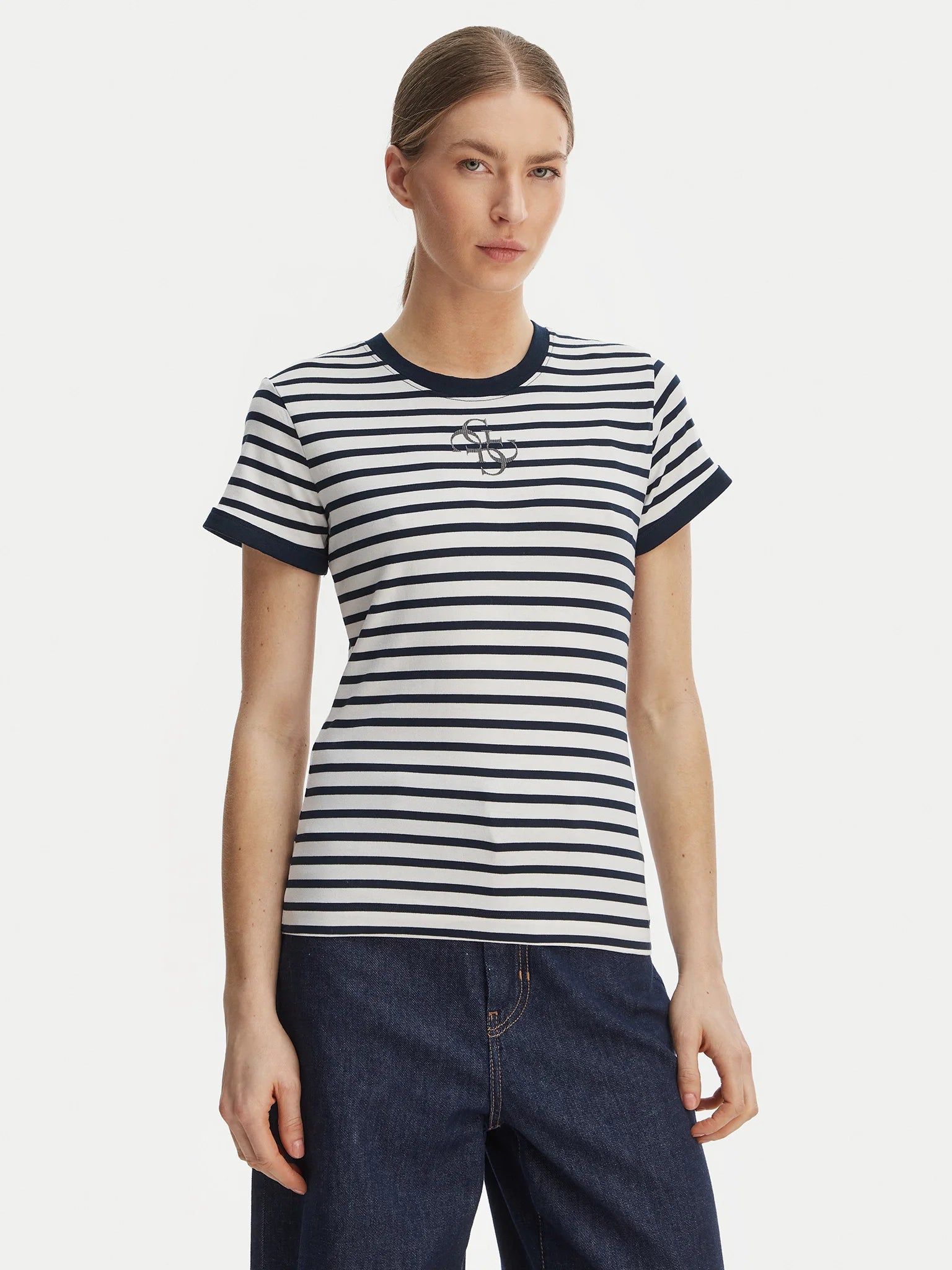 GUESS SS CN STRIPED MINI 4G LOGO TEE CREAM WHITE AND SHAD