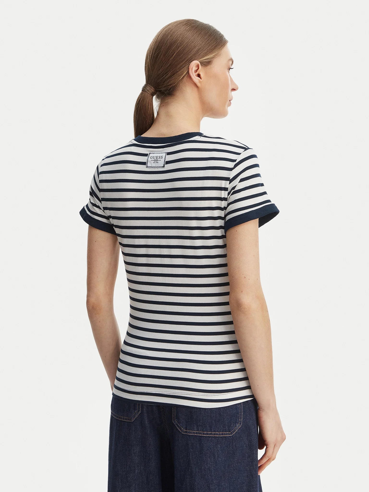 GUESS SS CN STRIPED MINI 4G LOGO TEE CREAM WHITE AND SHAD