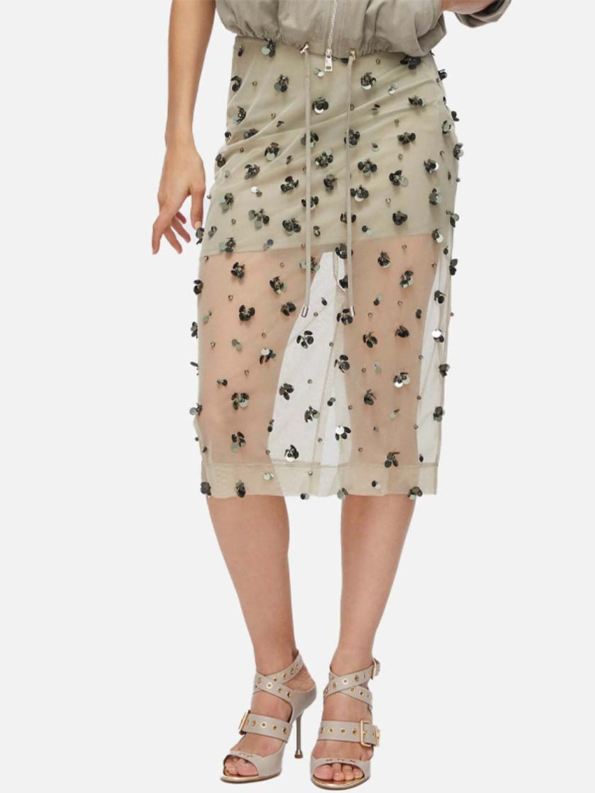 LIUJO GONNA JERSEY LONGUETTE DK.OLIVE EMBROIDERIE