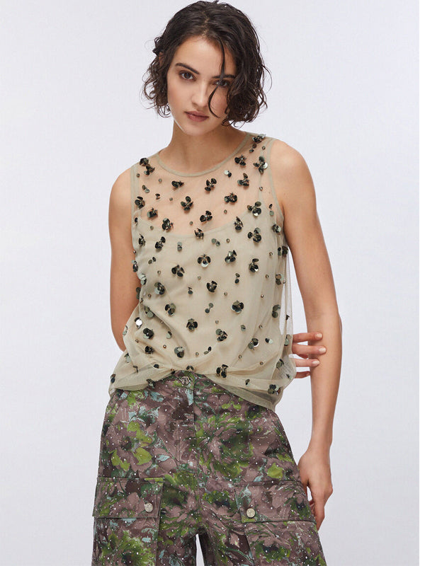 LIUJO TOP JERSEY DK.OLIVE EMBROIDERIE