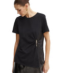 LIU JO T-SHIRT M/C COMB.SATIN BROOCH NEGRO