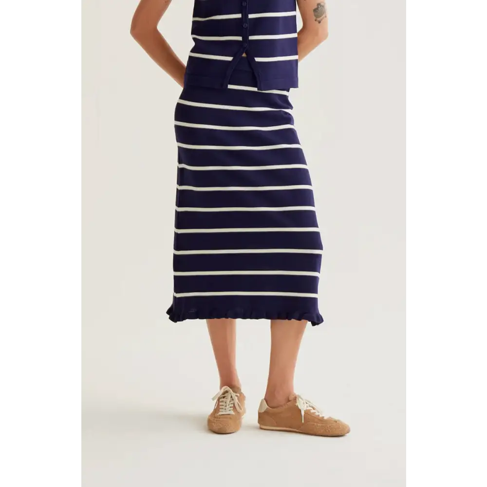 COMPANIA FANTASTICA FALDA MIDI DE PUNTO CON ESTAMPADO DE RAYAS AZUL MARINO Y BLANCO