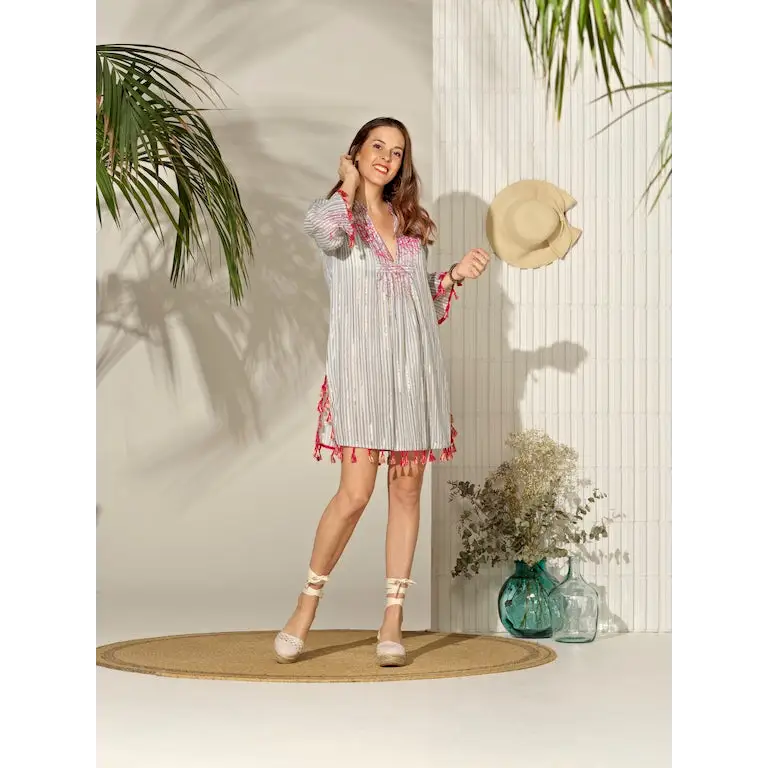 DON ALGODÓN KAFTAN CORTO CON BORLAS Y ABERTURAS