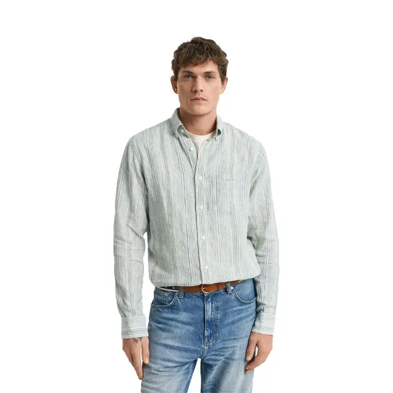 GANT REG LINEN STRIPE SHIRT KALAMATA GREEN