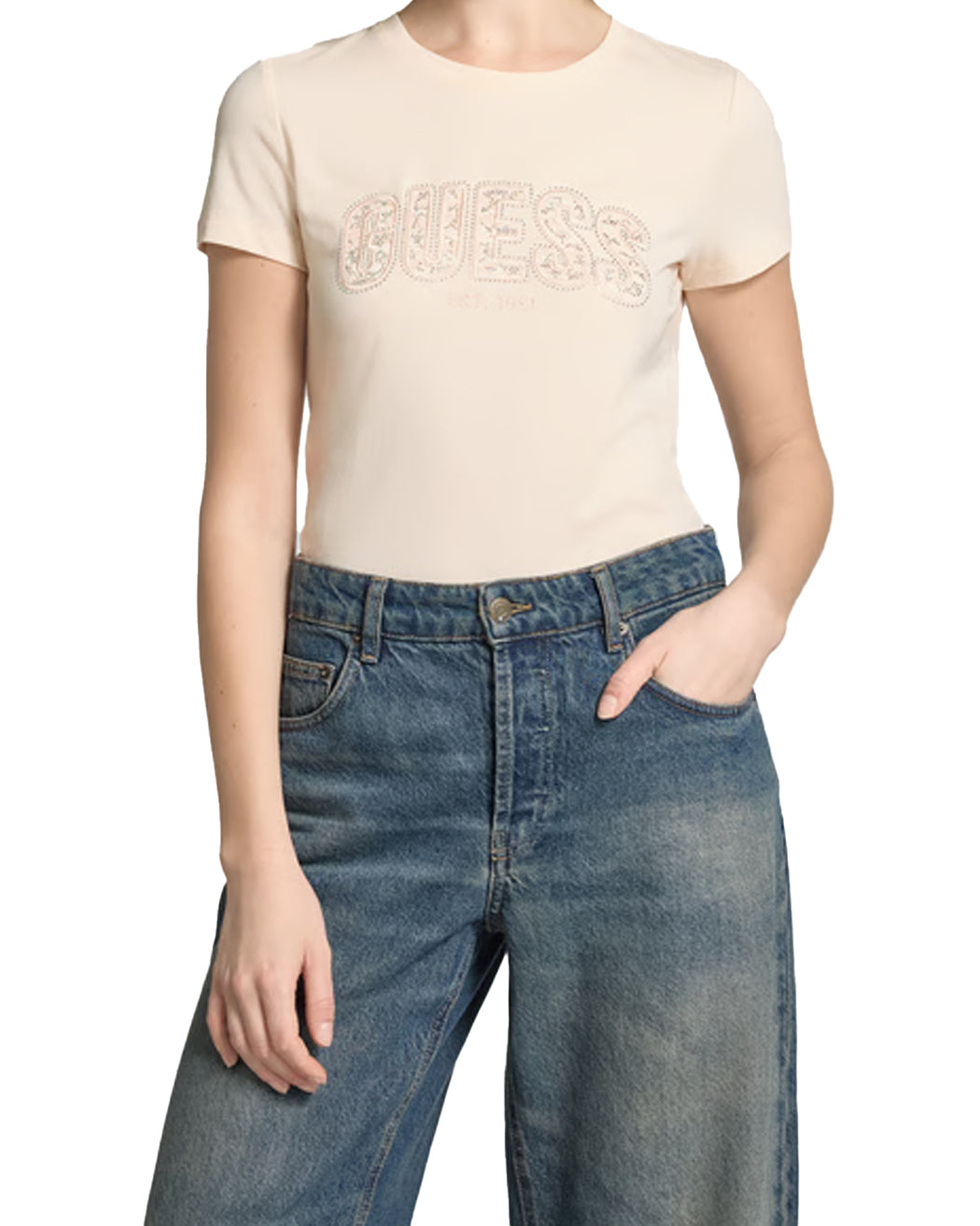 GUESS CN SS LOGO LACE TEE COSMIC VANILLA
