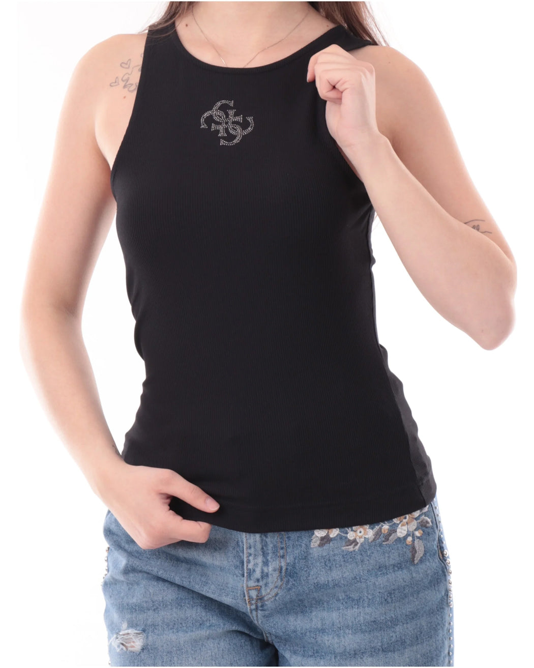 GUESS SL ROUND NK GUENDALINA TOP JET BLACK A996