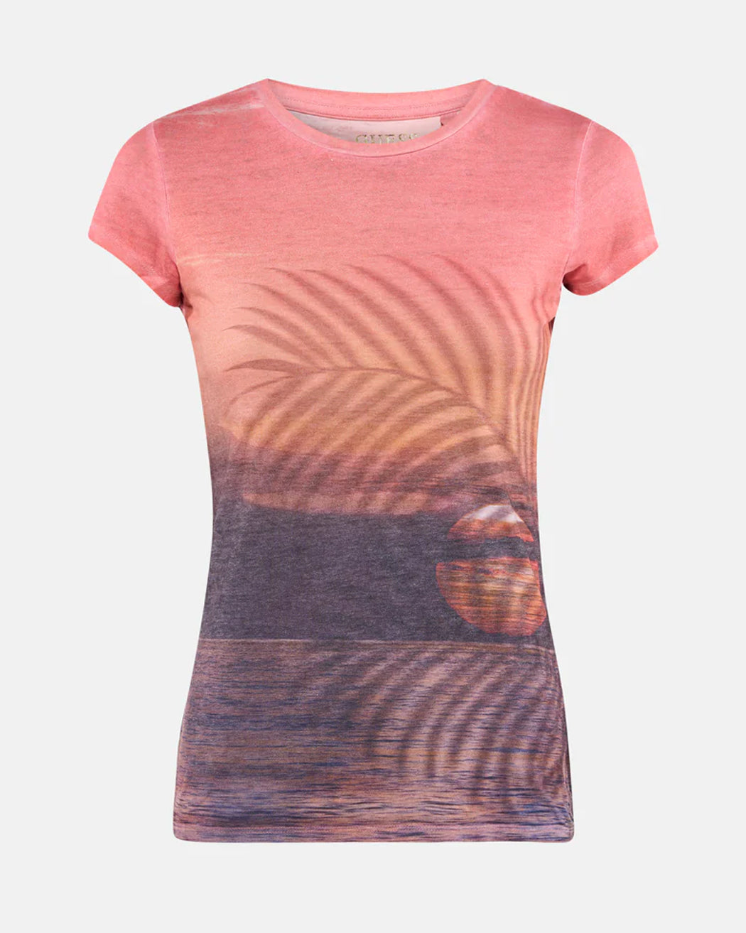 GUESS SS BEACH SUNSET R3 SUB TEE PEACH CORAL MULTI