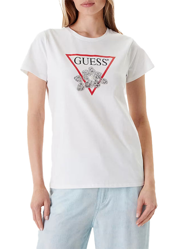 GUESS SS FLOWER BLING EASY TEE PURE WHITE - ROPA