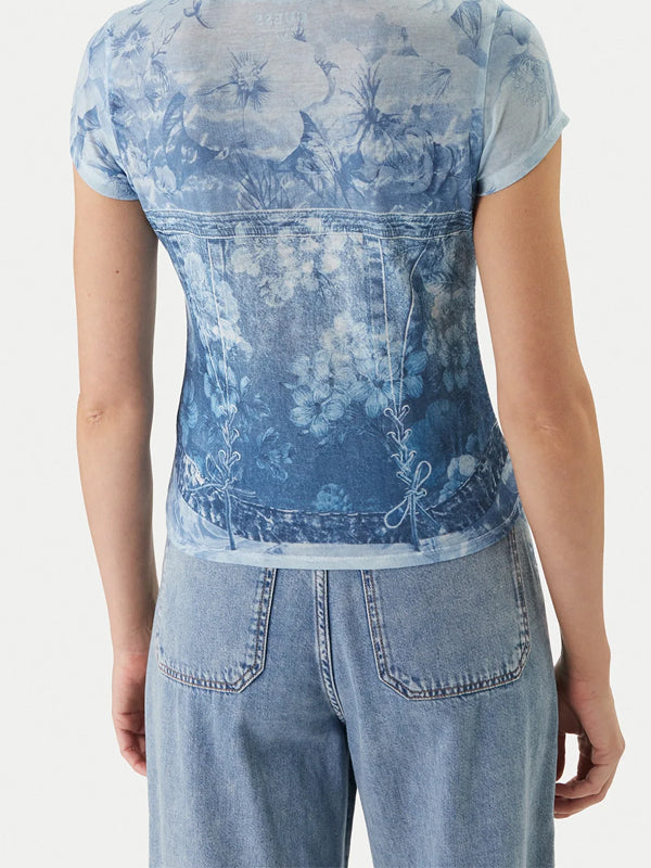 GUESS SS FLOWER DENIM R5 SUB TEE AERIAL BLUE MULTI