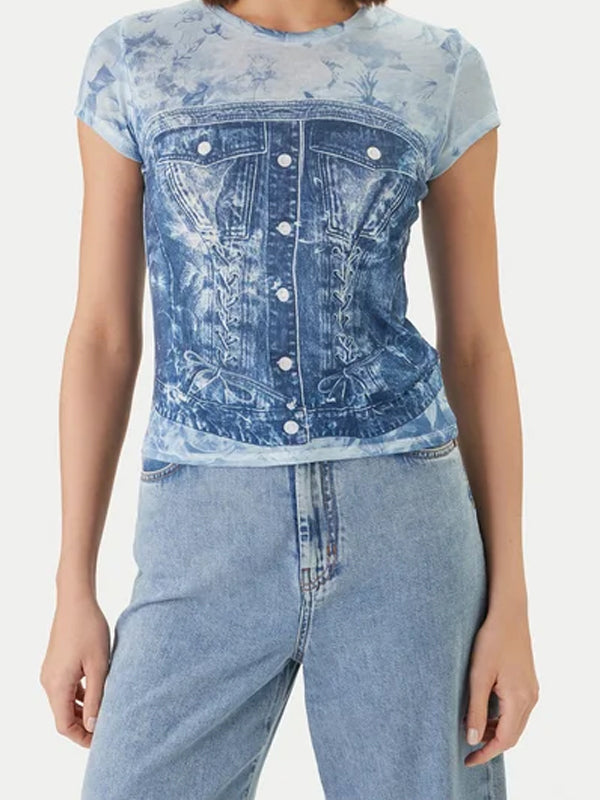 GUESS SS FLOWER DENIM R5 SUB TEE AERIAL BLUE MULTI - ROPA