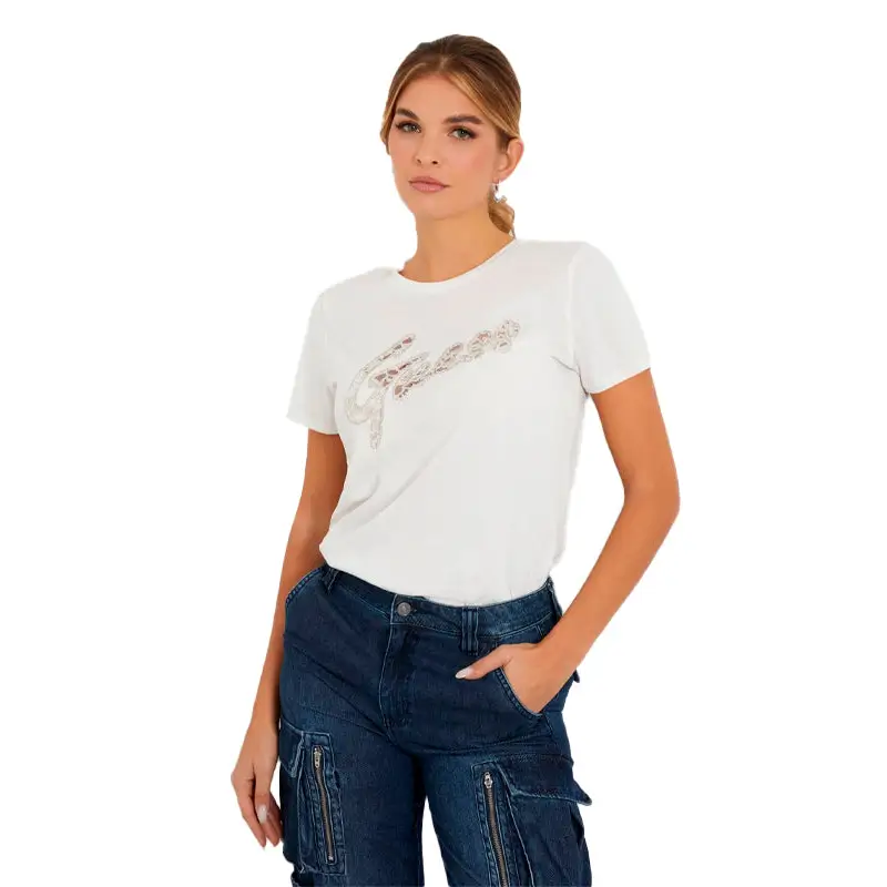 GUESS SS LACE LOGO EASY TEE CREAM WHITE