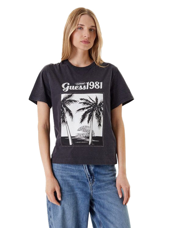 GUESS SS PALM PRINT WASHED TEE ACID JET BLACK - ROPA