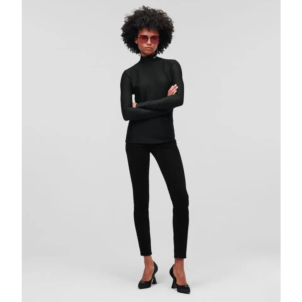KARL LAGERFELD L-SLV TEXTURE MOCKNECK TOP BLACK