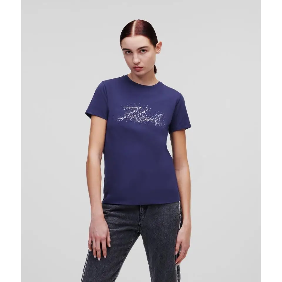 KARL LAGERFELD RHINESTONE KARL LOGO T-SHIRT BLUE